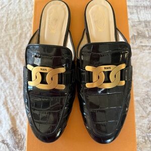 Tod's Black and Gold Croc-Embossed Mules